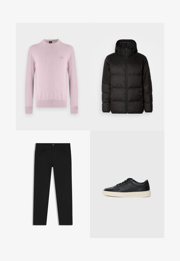 Black puffer jacket features a zip closure, a hood, quilted sections, and elastic cuffs, made from a smooth, water-resistant material.; Light pink crewneck sweater with long sleeves and small square logo patch on the left chest, displayed against a plain white background.; Black denim trousers with a straight cut, featuring a standard waistband, five pockets, and a button closure. Smooth texture throughout.; Black low-top leather sneaker with black laces and off-white sole shown in side profile on white background.