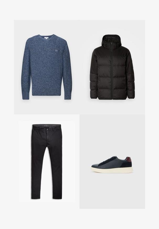 Geacă puffer neagră cu închidere cu fermoar, glugă, secțiuni quilted și manșete elastice, realizată dintr-un material neted, rezistent la apă.; Lacoste Pulover - navy neps; Chino negre din bumbac cu o croială ajustată, având cinci buzunare, bucle pentru curea și o textură netedă. Mânecuță cu fermoar și închidere cu nasture.; Sneakeruri pentru bărbați, cu talpă joasă, din piele neagră și suede, cu tab cuum maron și talpă din cauciuc alb, văzute din partea exterioară.