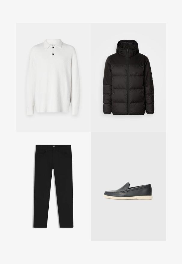 Schwarze Pufferjacke mit Reißverschluss, Kapuze, gesteppten Abschnitten und elastischen Bündchen, hergestellt aus einem glatten, wasserabweisenden Material.; Weißer Pullover aus einem strukturierten, weichen Stoff. Mit klassischem Kragen, dreiknopfiger Leiste und langen Ärmeln. Einfaches Design, ohne Muster.; Schwarze Denim-Hosen mit geradem Schnitt, ausgestattet mit einem Standardbund, fünf Taschen und einem Knopfverschluss. Angenehme, glatte Textur.; Schwarze Leder-Slipper mit strukturiertem Finish und einer kontrastierenden beige Gummisohle. Mit einem dezenten Akzent an der Vorderseite.