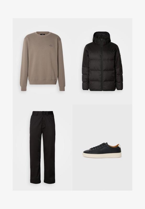 Čierna prešívaná bunda má zips, kapucňu, prešívané sekcie a elastické manžety, vyrobená z hladkého, vodeodolného materiálu.; Mads Nørgaard STANDARD CREW LOGO - Mikina - bungee cord; Čierne nohavice z hladkej látky s predným zipsom, zapínaním na gombík a srolovanými manžetami pre ležérny vzhľad.; Čierne kožené tenisky s hladkou textúrou, béžová gumová podrážka, viazanie a kontrastný akcent na päte.