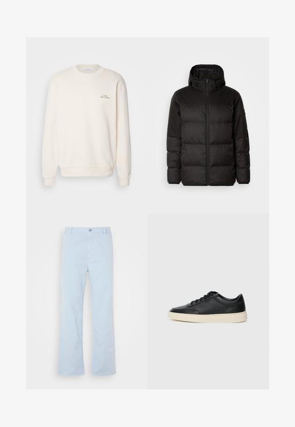 Črna zimska jakna ima zadrgo, kapuco, prešite odseke in elastične manšete, izdelana je iz gladkega, vodoodpornega materiala.; Kremna majica s kapuco in okroglim ovratnikom, z rebrastimi manšetami in robom. Ima majhen vezen logotip na levem prsnem delu. Mehka tekstura.; Svijetloplave pamučne hlače ravnog kroja, s prednjim zatvaranjem na dugme i bočnim džepovima. Glatka tekstura i minimalni detalji šivanja.; Črne nizke usnjene teniske s črnimi vezalkami in svetlo belo podplatom, prikazane v stranskem profilu na beli podlagi.