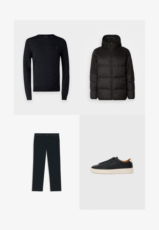 Schwarze Pufferjacke mit Reißverschluss, Kapuze, gesteppten Abschnitten und elastischen Bündchen, hergestellt aus einem glatten, wasserabweisenden Material.; Dunkelgrauer Rundhalspullover aus weichem Material. Verfügt über lange Ärmel und ein kleines gesticktes Logo auf der Brust. Einfaches Design.; Dunkelblaue Chinos aus einer Baumwollmischung. Merkmale sind Gürtelschlaufen, Vordertaschen und ein Reißverschluss mit Knopfverschluss.; Schwarze Ledersneaker mit glatter Textur, beiger Gummisohle, Schnürdesign und einem kontrastierenden Fersenakzent.