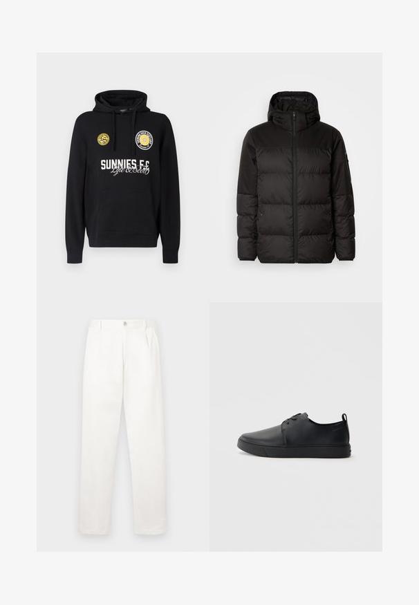 A jaqueta puffer preta apresenta um fecho zip, um capuz, secções acolchoadas e punhos elásticos, confeccionada em um material liso e resistente à água.; Sweatshirt preta com capuz, bolso canguru, emblemas redondos amarelos no peito e texto branco a exibir "SUNNIES FC" e "Lyle & Scott".; Calças brancas feitas de um tecido suave, com um design de perna reta, pregas frontais e um fecho de botão único na cintura.; Sapatilha de couro preta com um acabamento liso, bico arredondado, costura ton sur ton, frente com atacadores e sola plana de borracha. Alça no calcanhar.