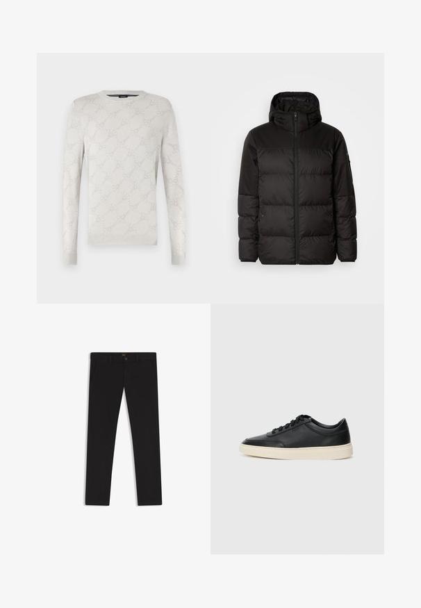 Schwarze Pufferjacke mit Reißverschluss, Kapuze, gesteppten Abschnitten und elastischen Bündchen, hergestellt aus einem glatten, wasserabweisenden Material.; Hellgrauer Pullover mit langen Ärmeln, rundem Ausschnitt, gerippten Bündchen und einem dezenten floralen Muster. Hergestellt aus einem weichen, strukturierten Stoff.; Schwarze Hosen aus einem Stoff mit glatter текстуре. Verfügt über einen Knopfverschluss, Gürtelschlaufen und Seitentaschen. Klassisches Design mit geradem Bein.; Schwarzer niedriger Ledersneaker mit schwarzen Schnürsenkeln und cremefarbenem Sohlenrand, seitlich auf weißem Hintergrund dargestellt.