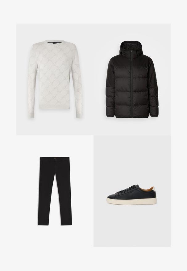 Schwarze Pufferjacke mit Reißverschluss, Kapuze, gesteppten Abschnitten und elastischen Bündchen, hergestellt aus einem glatten, wasserabweisenden Material.; Hellgrauer Pullover mit langen Ärmeln, rundem Ausschnitt, gerippten Bündchen und einem dezenten floralen Muster. Hergestellt aus einem weichen, strukturierten Stoff.; Schwarze Hosen aus einem Stoff mit glatter текстуре. Verfügt über einen Knopfverschluss, Gürtelschlaufen und Seitentaschen. Klassisches Design mit geradem Bein.; Schwarze Ledersneaker mit glatter Textur, beiger Gummisohle, Schnürdesign und einem kontrastierenden Fersenakzent.