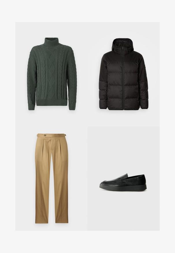 Melna pūkainā jakā iezīmes ir rāvējslēdzēja aizdare, kapuce, kvadrātveida šuves un elastīgas aproces, izgatavota no gludas, ūdensizturīgas vielas.; Tumši zaļš adīts augstā apkakle džemperis ar dimantu un pīta rakstu, ar ribinātām aprocēm un apakšmalu.; Bēša krāsas bikses ar taisnu piegriezumu, ar krokām, pogas aizdari un jostas cilpām. Gluda auduma ar tīru, šūtu izskatu.; Calvin Klein HYBRID CUP - Čības - triple black