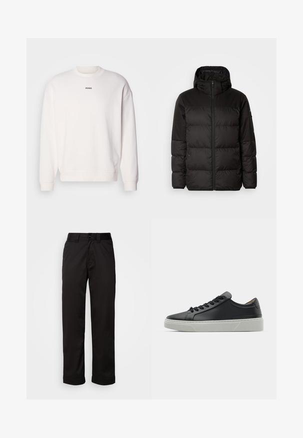 La doudoune noire est dotée d'une fermeture éclair, d'une capuche, de sections matelassées et de poignets élastiques, fabriquée à partir d'un matériau lisse et résistant à l'eau.; Sweatshirt blanc à col rond en mélange de coton doux, présentant une coupe décontractée, des poignets côtelés, et le logo "HUGO" en noir sur la poitrine.; Pantalons noirs en tissu lisse, avec une fermeture éclair, un bouton et des revers pour un design décontracté.; Sneaker en cuir noir avec une texture lisse, bout rond et lacets noirs. Présente une semelle épaisse en caoutchouc blanc avec des accents géométriques subtils.