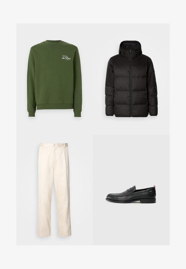 Čierna prešívaná bunda má zips, kapucňu, prešívané sekcie a elastické manžety, vyrobená z hladkého, vodeodolného materiálu.; Olivový sveter s rebrovaným okrúhlym výstrihom, dlhými rukávmi a jemnou textúrou. Obsahuje biele potlačené logo na hrudi.; Béžové bavlnené nohavice so strihom rovného nohu, s gombíkovým zapínaním a záhybmi vpredu pre pridanie detailu.; Čierne kožené mokasíny s textúrovaným predným panelom a hladkými bokmi. Majú úzky podpätok a zadný pútko pre jednoduché obúvanie. Klasický dizajn.