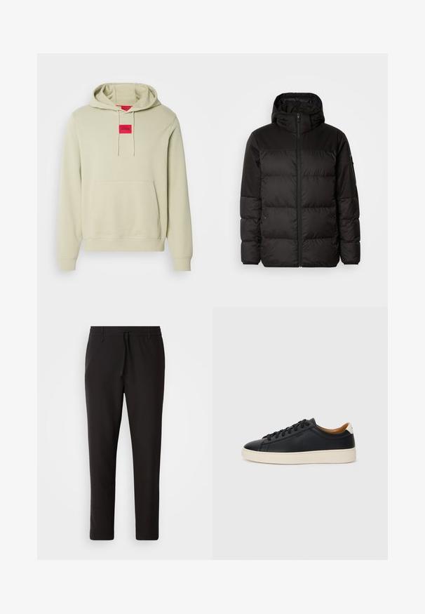 Geacă puffer neagră cu închidere cu fermoar, glugă, secțiuni quilted și manșete elastice, realizată dintr-un material neted, rezistent la apă.; HUGO DARATSCHI - Hanorac - open green; Pantaloni de jogging negri, confecționați dintr-un material neted. Prezintă un talie elastică cu șnur, picioare conice și fără buzunare vizibile. Design simplu.; Căști din piele neagră cu o textură netedă, talpă din cauciuc bej, design cu șireturi și un accent contrastant la călcâi.