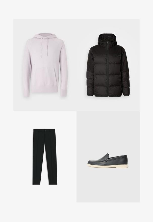 Black puffer jacket features a zip closure, a hood, quilted sections, and elastic cuffs, made from a smooth, water-resistant material.; Light purple hoodie with a drawstring hood, front kangaroo pocket, and ribbed cuffs. Made from soft, textured fabric with a relaxed fit.; Black dress pants with a straight-leg design, made of smooth fabric. Features a front button closure and belt loops. Plain without patterns.; Black leather slip-on loafers with a textured finish and a contrasting beige rubber sole. Features a subtle accent along the front.