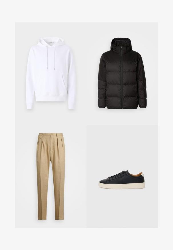 Il giubbotto puffo nero presenta una chiusura con zip, un cappuccio, sezioni trapuntate e polsini elastici, realizzato in un materiale liscio e resistente all'acqua.; Felpa bianca con cappuccio, realizzata in tessuto morbido, presenta una tasca frontale, polsini elasticizzati e cordini con ferramenta argentata.; Pantaloni in lino beige con taglio dritto, dotati di due pince anteriori, chiusura con bottone e tasche laterali. Tessuto testurizzato con una finitura liscia.; Sneakers in pelle nera con una texture liscia, suola in gomma beige, design con lacci e un accento del tacco in contrasto.