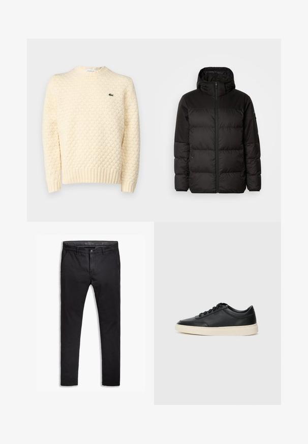 Czarna kurtka puchowa z zapięciem na zamek, kapturem, pikowanymi sekcjami i elastycznymi mankietami, wykonana z gładkiego, wodoodpornego materiału.; Kremowy sweter z dzianiny z teksturowanym wzorem w diamenty, ściągaczami przy mankietach i dolnej krawędzi; zawiera małe zielone logo Lacoste na piersi.; Czarne bawełniane chino z tapered fit, posiadające pięć kieszeni, szlufki na pasek oraz gładką fakturę. Zamek błyskawiczny z zapięciem na guzik.; Czarne niskie skórzane sneakersy z czarnymi sznurówkami i off-white podeszwą, prezentowane w profilu bocznym na białym tle.