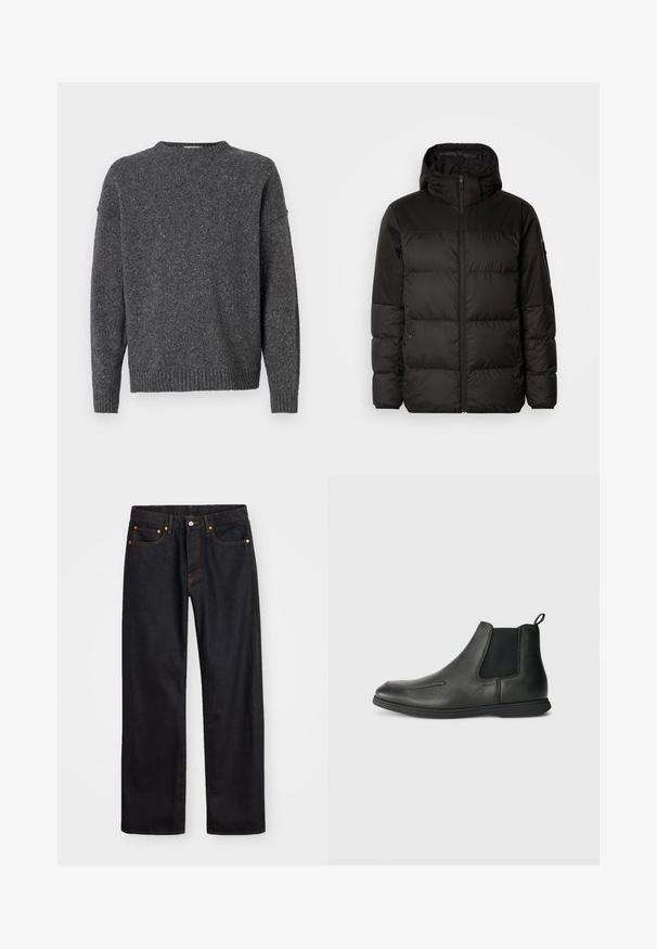 A jaqueta puffer preta apresenta um fecho zip, um capuz, secções acolchoadas e punhos elásticos, confeccionada em um material liso e resistente à água.; Sweater malhado cinza escuro, com mangas longas, decote redondo e punhos e barra canelados, exibido em um fundo branco.; Calças de ganga pretas para homem, de pernas retas, com cinco bolsos e costura laranja, fecho de botão e zíper na cintura da frente.; Botas de cano baixo em couro preto com uma textura suave, painéis laterais elásticos e uma aba na parte de trás. Bico arredondado e sola de borracha.