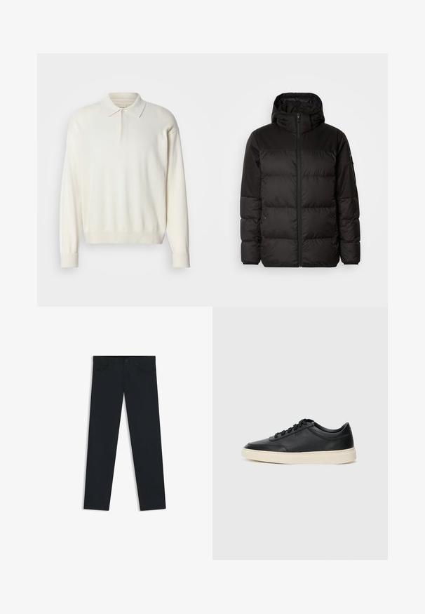 Black puffer jacket features a zip closure, a hood, quilted sections, and elastic cuffs, made from a smooth, water-resistant material.; White, long-sleeve polo sweater made from soft material, featuring a classic collar, button placket, and ribbed cuffs and hem.; Black denim jeans with a straight fit, five-pocket design, front button and zipper closure, and subtle stitching details.; Black low-top leather sneaker with black laces and off-white sole shown in side profile on white background.