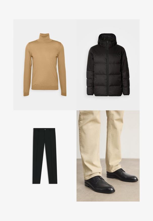 Black puffer jacket features a zip closure, a hood, quilted sections, and elastic cuffs, made from a smooth, water-resistant material.; Tan turtleneck sweater made of soft knit fabric, featuring long sleeves, a fitted design, and ribbed cuffs for added detail.; Black dress pants with a straight-leg design, made of smooth fabric. Features a front button closure and belt loops. Plain without patterns.; Black leather lace-up shoes with a rounded toe, smooth finish, and subtle stitching details, worn with light beige pants.
