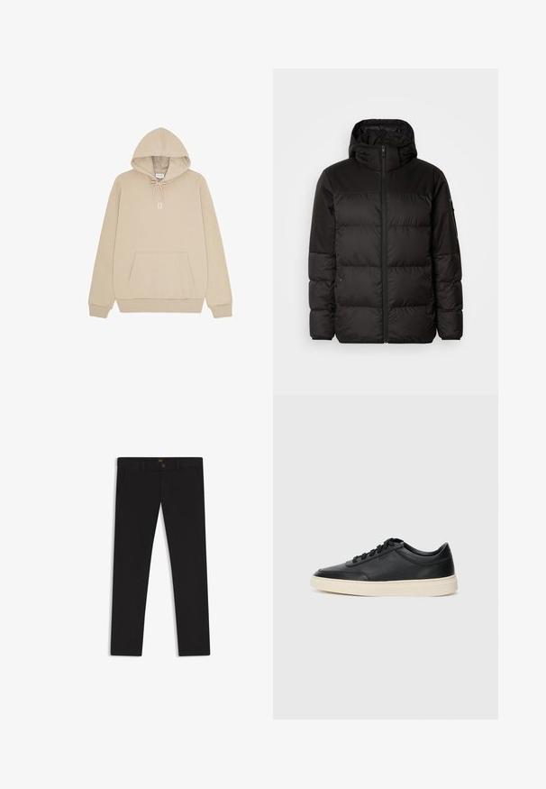 Zwarte pufferjas met ritsluiting, een capuchon, gequiltte secties en elastische manchetten, gemaakt van een glad, waterafstotend materiaal.; Beige hoodie met capuchon, voorzak in kangarustijl, trekkoorden bij de capuchon, geribde boorden en een witte "II" op de borst gedrukt.; Zwarte broek van stof met een gladde textuur. Bevat een knoopsluiting, riemlussen en zijzakken. Standaard straight-leg ontwerp.; Zwarte leren sneaker met lage schacht, zwarte veters en off-white zool, weergegeven in zijprofiel op een witte achtergrond.