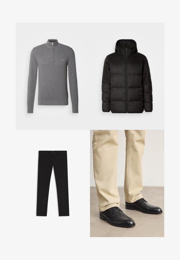 Schwarze Pufferjacke mit Reißverschluss, Kapuze, gesteppten Abschnitten und elastischen Bündchen, hergestellt aus einem glatten, wasserabweisenden Material.; Grauer Langarmpullover mit Halbreißverschluss-Kragen, strukturiertem Strickmuster und kleinem Logo auf der linken Brust.; Schwarze Hosen aus einem Stoff mit glatter текстуре. Verfügt über einen Knopfverschluss, Gürtelschlaufen und Seitentaschen. Klassisches Design mit geradem Bein.; Schwarze Leder Schnürschuhe mit runder Zehenform, glatter Oberfläche und dezenten Nähdetails, getragen mit hellbeigen Hosen.