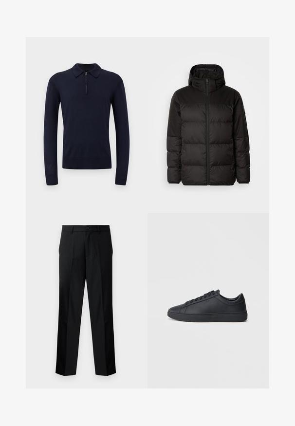 Mustikas puffer-jakk sisaldab tõmblukku, kapuutsi, tikandiga osi ja elastseid mansette, valmistatud siledast veekindlast materjalist.; Tumedast sinine kudumite polo sviiter, millel on lukuga kaelus, pikad varrukad, soonikkoes mansetid ja kitsa äärejoonega allserv. Sujuv tekstuur ja minimalistlik disain.; Mustad musträbimoodulitega püksid sirge lõikega, mis sisaldavad nööpe, lukku ja vöökumme. Sile kanga tekstuur ja küljetaskud.; Mustad mustad mustad paelaga, ümmarguse ninaga ja tasase kummist tallaga madala lõikega mustad nahkjalatsid. Omab paelu ja peent brändingut.