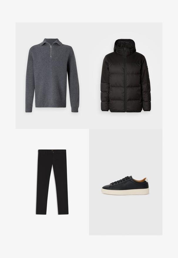 Black puffer jacket features a zip closure, a hood, quilted sections, and elastic cuffs, made from a smooth, water-resistant material.; Gray ribbed sweater with a zippered mock neck. Features long sleeves and textured knit pattern, providing a structured appearance.; Black trousers made of fabric with a smooth texture. Features a button closure, belt loops, and side pockets. Standard straight-leg design.; Black leather sneakers with a smooth texture, beige rubber sole, lace-up design, and a contrasting heel accent.