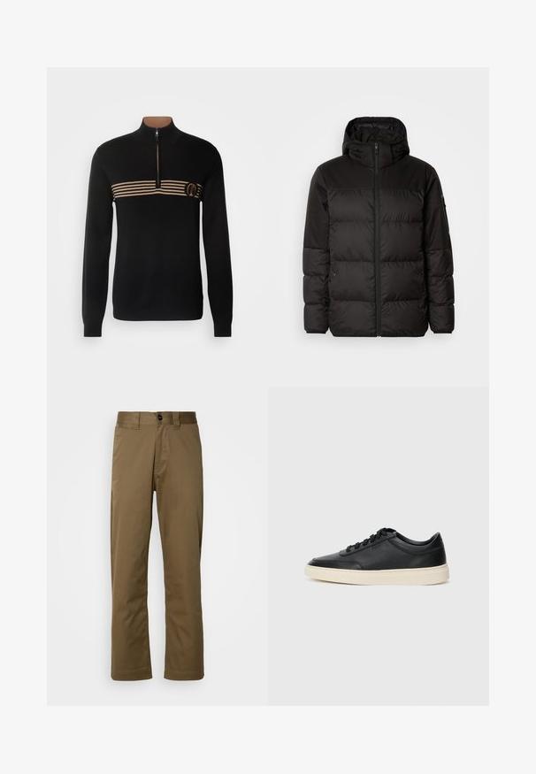 Melna pūkainā jakā iezīmes ir rāvējslēdzēja aizdare, kapuce, kvadrātveida šuves un elastīgas aproces, izgatavota no gludas, ūdensizturīgas vielas.; BOSS OPEN - Džemperis - black; Brūnas, taisnas kājas bikses, kas izgatavotas no austas auduma. Iekļauj pogu aizdari, sānu kabatas un gludu tekstūru. Piegriezums pielāgots.; Melnas zemas ādas sporta kurpes ar melnām auklām un off-white zoli, rādītas no sānu profila uz baltā fona.