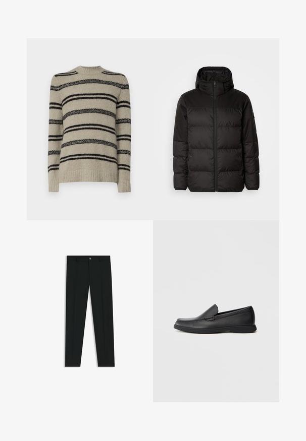Schwarze Pufferjacke mit Reißverschluss, Kapuze, gesteppten Abschnitten und elastischen Bündchen, hergestellt aus einem glatten, wasserabweisenden Material.; Beigefarbener Pullover mit schwarzen Streifen, gestrickte Textur, Rundhalsausschnitt und lange Ärmel. Verfügt über unterschiedlich dicke Streifen für zusätzliche Details.; Schwarze Anzughosen mit geradem Bein, aus glattem Stoff. Mit Knopfverschluss vorne und Gürtelschlaufen. Schlicht ohne Muster.; Schwarze Leder Slipper mit strukturiertem Obermaterial, runder Zehenform, niedrigem Absatz und Gummisohle, seitlich auf weißem Hintergrund abgebildet.