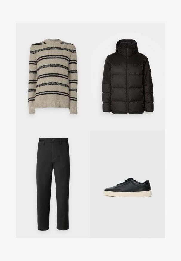 Schwarze Pufferjacke mit Reißverschluss, Kapuze, gesteppten Abschnitten und elastischen Bündchen, hergestellt aus einem glatten, wasserabweisenden Material.; Beigefarbener Pullover mit schwarzen Streifen, gestrickte Textur, Rundhalsausschnitt und lange Ärmel. Verfügt über unterschiedlich dicke Streifen für zusätzliche Details.; Schwarze Hose mit geradem Schnitt, aus glattem Stoff gefertigt. Verfügt über einen Knopfverschluss und Gürtelschlaufen. Keine sichtbaren Muster oder Akzente.; Schwarzer niedriger Ledersneaker mit schwarzen Schnürsenkeln und cremefarbenem Sohlenrand, seitlich auf weißem Hintergrund dargestellt.
