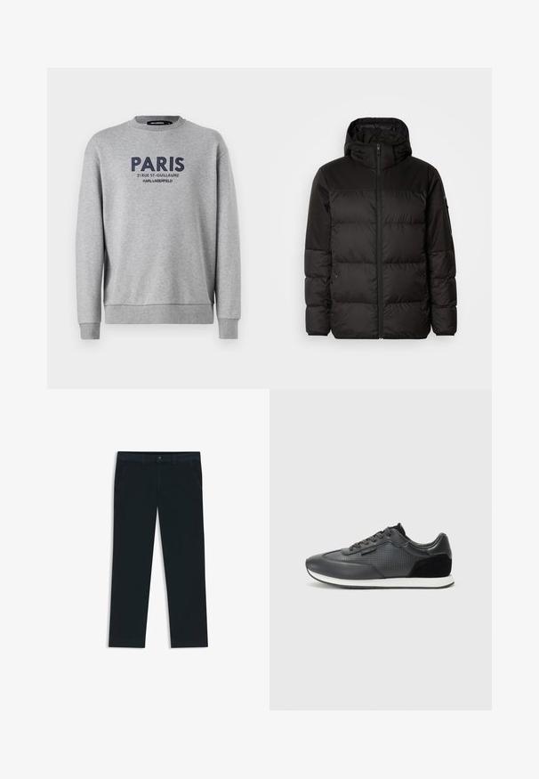 Il giubbotto puffo nero presenta una chiusura con zip, un cappuccio, sezioni trapuntate e polsini elastici, realizzato in un materiale liscio e resistente all'acqua.; Felpa grigia con girocollo, caratterizzata da ricamo in navy della scritta "PARIGI" e dettagli dell'indirizzo. Tessuto morbido con polsini e orlo a costine.; Chinos di un blu navy scuro realizzati in tessuto misto cotone. Presentano passanti per cintura, tasche frontali e una chiusura con zip e bottone.; Sneakers sportivi neri con tomaia in pelle caratterizzata da dettagli perforati, accenti in scamosciato e suola in gomma bianca. Design classico con lacci.