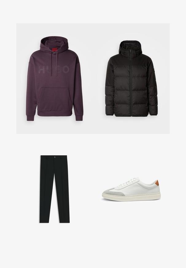 Schwarze Pufferjacke mit Reißverschluss, Kapuze, gesteppten Abschnitten und elastischen Bündchen, hergestellt aus einem glatten, wasserabweisenden Material.; HUGO DITCHLE - Kapuzenpullover - open purple; Schwarze Anzughosen mit geradem Bein, aus glattem Stoff. Mit Knopfverschluss vorne und Gürtelschlaufen. Schlicht ohne Muster.; Weiße Leder-Sneaker mit grauen Wildlederakzenten und einer sandfarbenen Lederfersenschlaufe. Sie verfügen über eine strukturierte Oberfläche und eine leichte Sohle.