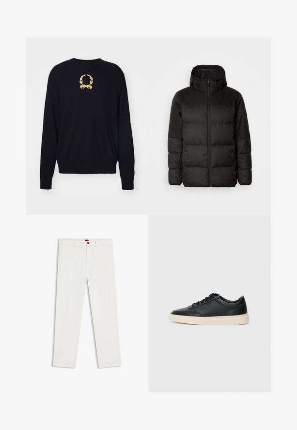 Zwarte pufferjas met ritsluiting, een capuchon, gequiltte secties en elastische manchetten, gemaakt van een glad, waterafstotend materiaal.; Zwarte trui van zacht materiaal, met een gouden geborduurd lauriertakontwerp op de borst en geribde manchetten en zoom.; Witte broek gemaakt van een katoenmengingstof, met een rechte pijp, voorzakken en een enkele zwarte knoop aan de tailleband.; Zwarte leren sneaker met lage schacht, zwarte veters en off-white zool, weergegeven in zijprofiel op een witte achtergrond.