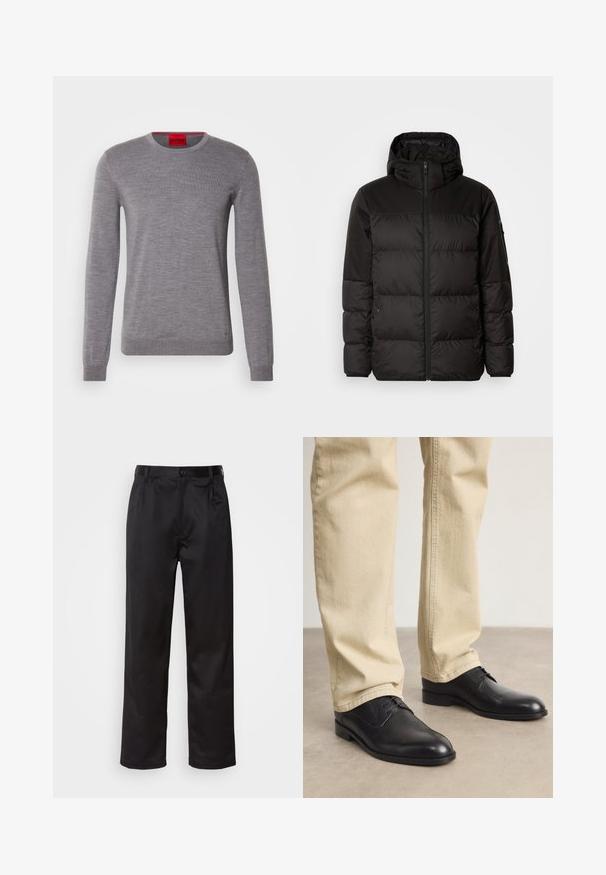 Črna zimska jakna ima zadrgo, kapuco, prešite odseke in elastične manšete, izdelana je iz gladkega, vodoodpornega materiala.; HUGO SAN CEDRIC - Pulover - medium grey; Črne hlače iz gladkega materiala, ki imajo sprednjo zaponko, naborke in ravne noge. Brez vidnih vzorcev ali okraskov.; Črne usnjene čevlje z vezalkami in zaobljenim prstom, gladke površine in diskretnimi šivi, oblečene z svetlo bež hlačami.