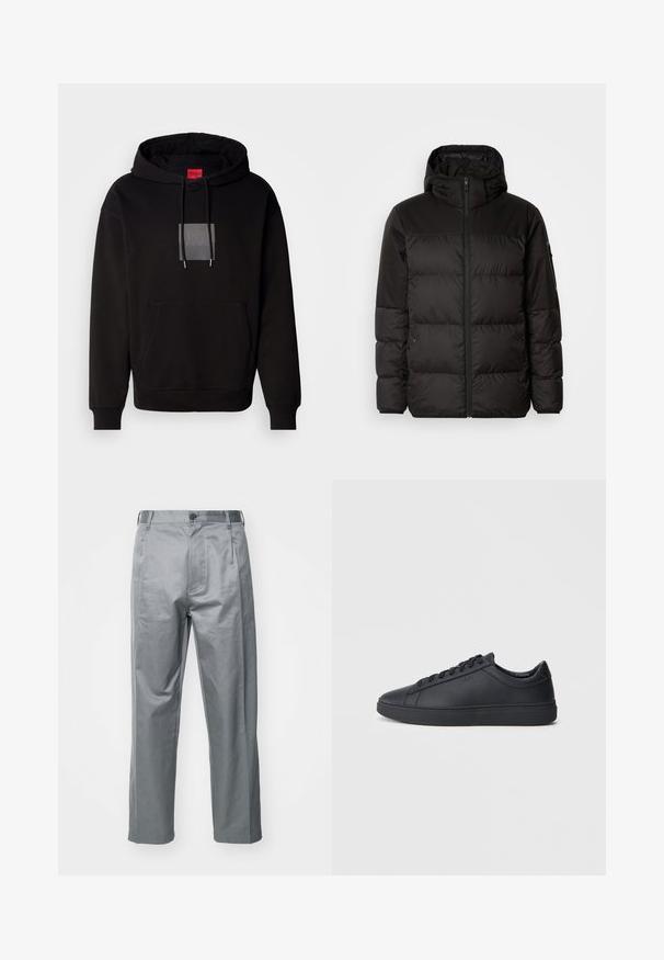 A jaqueta puffer preta apresenta um fecho zip, um capuz, secções acolchoadas e punhos elásticos, confeccionada em um material liso e resistente à água.; Moleton preto com cordão, bolso frontal e logótipo dentro de um quadrado transparente. O tecido parece suave com uma textura lisa.; Calças em mistura de algodão cinza com um design de perna reta, apresentando um fecho frontal com botão, passantes para cinto e bolsos laterais.; Ténis pretos feitos de couro liso com um design de cano baixo, bico redondo e sola de borracha plana. Apresentam atacadores e uma marcação discreta.