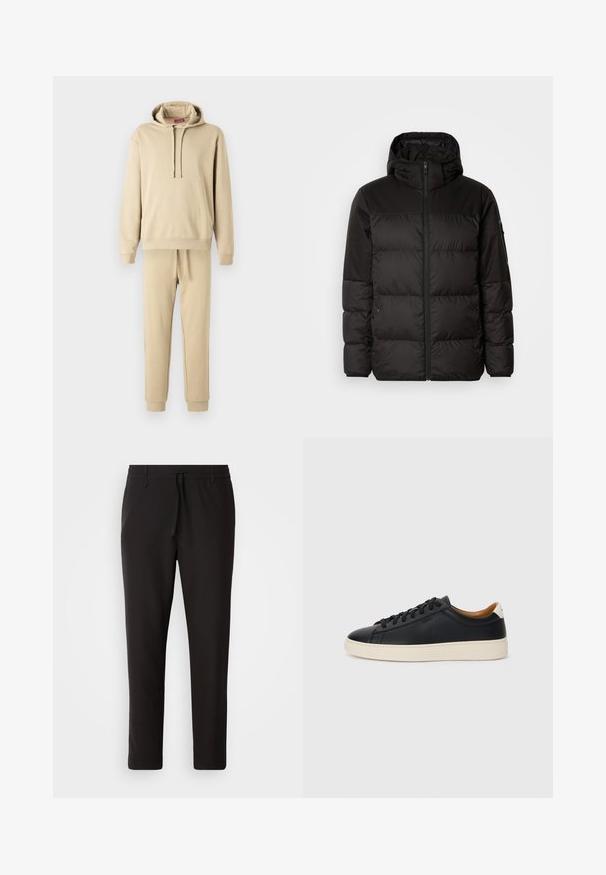 Crna puf jakna ima zatvaranje na zip, kapuljaču, kviltane dijelove i elastične manžete, izrađena je od glatkog, vodootpornog materijala.; Bež dukserica i trenirka od mekanog materijala. Dukserica ima uže za stezanje i prednji džep; trenirke imaju elastičnu gumicu u struku.; Crne jogger hlače od glatkog materijala. Imaju elastičnu waistband s vezicom, sužene nogavice i bez vidljivih džepova. Jednostavan dizajn.; Crne kožne tenisice s glatkom teksturom, bež gumeni đon, dizajn s vezicama i kontrastni detalj na peti.