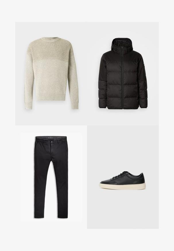 Zwarte pufferjas met ritsluiting, een capuchon, gequiltte secties en elastische manchetten, gemaakt van een glad, waterafstotend materiaal.; Lichtbeige gebreide trui met een ronde hals, voorzien van een gestructureerd patroon, geribbelde boorden en zoom, en een subtiel verloop in kleur.; Zwarte katoenen chinos met een taps toelopende pasvorm, voorzien van vijf zakken, riemlussen en een gladde textuur. Ritssluiting met een knoopsluiting.; Zwarte leren sneaker met lage schacht, zwarte veters en off-white zool, weergegeven in zijprofiel op een witte achtergrond.