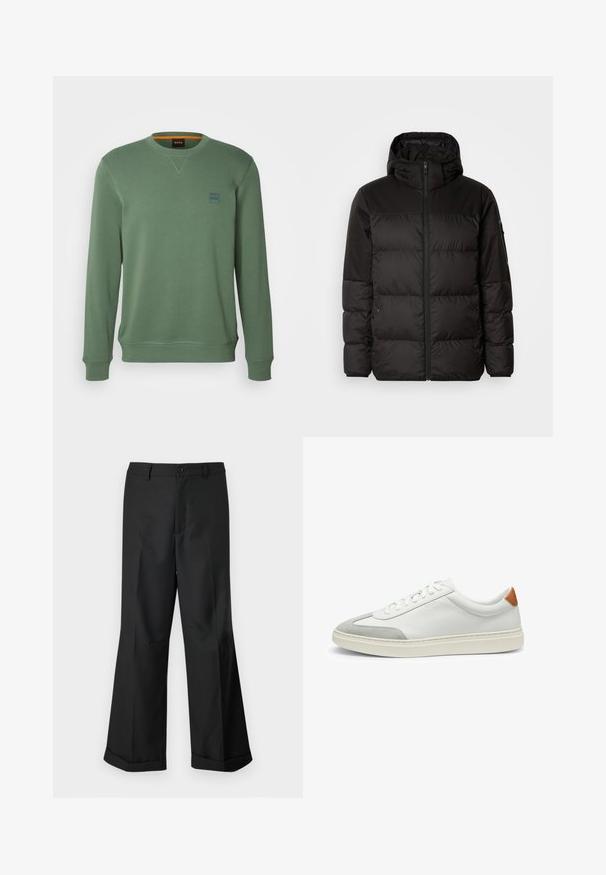 Black puffer jacket features a zip closure, a hood, quilted sections, and elastic cuffs, made from a smooth, water-resistant material.; BOSS WESTART - Sweatshirt - open green; Black wide-leg trousers with buttoned waistband and cuffed hems, displayed against a plain white background.; White leather sneakers with gray suede accents and a tan leather heel tab. Features a textured surface and lightweight sole.