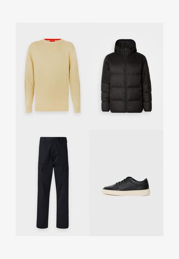 Crna puf jakna ima zatvaranje na zip, kapuljaču, kviltane dijelove i elastične manžete, izrađena je od glatkog, vodootpornog materijala.; Pulover boje kreme s teksturiranim uzorkom, okruglim izrezom i rebrastim manžetama. Sadrži suptilan uzorak logotipa kroz cijeli pulover.; Crne cargo hlače od čvrstog materijala, s ravnim krojem, dva bočna džepa i dugmetom za zatvaranje na pojasu.; Crne niske kožne tenisice s crnim vezicama i kremasto bijelom potplatom prikazane u bočnom profilu na bijeloj pozadini.