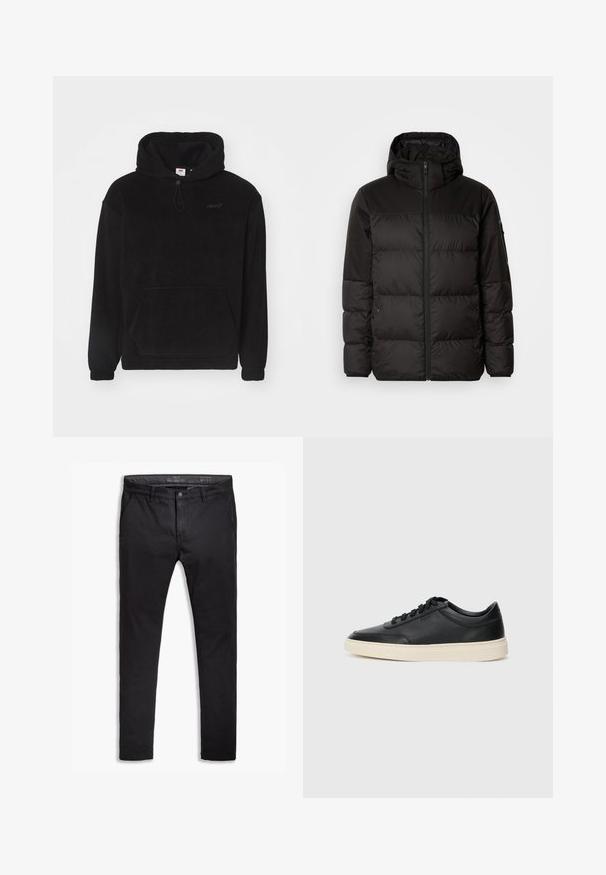 A fekete steppelt dzseki cipzáros záródással, kapucnival, steppelt részekkel és rugalmas mandzsettákkal rendelkezik, sima, vízálló anyagból készült.; Fekete polár kapucnis pulóver, elülső zsebbel, húzókás kapucnival és bordázott ujjakra. Diszkrét logóval a mellkason. Puha tapintású.; Fekete pamut chinos nadrág tapered fit szabással, öt zsebbel, övhurkokkal és sima textúrával. Cipzáras kivágás gombos záródással.; Fekete, alacsony szárú bőrsneaker fekete fűzőkkel és törtfehér talppal, oldalnézetben, fehér háttér előtt.