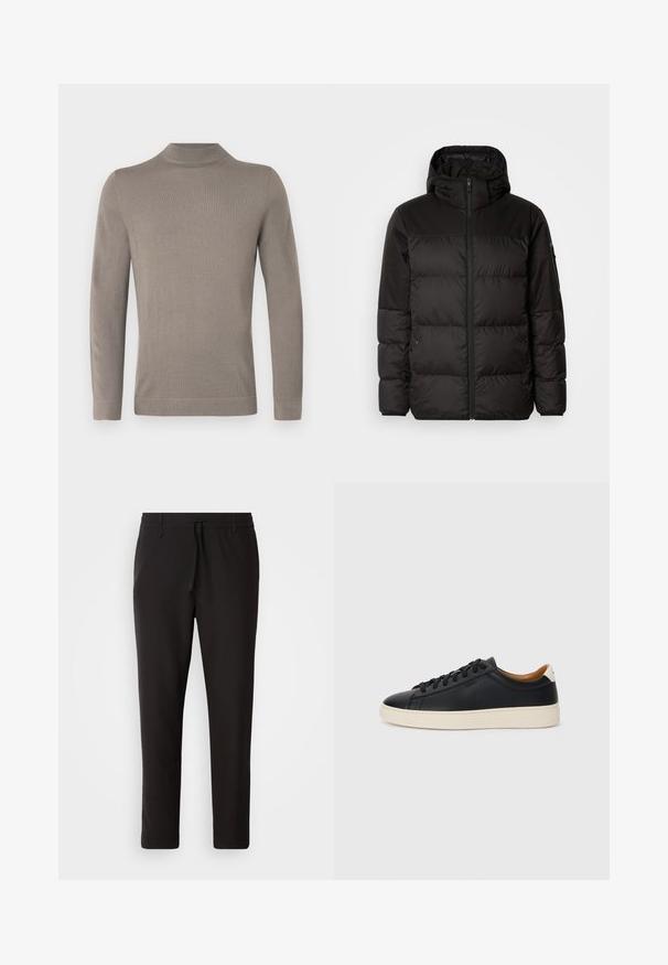 A jaqueta puffer preta apresenta um fecho zip, um capuz, secções acolchoadas e punhos elásticos, confeccionada em um material liso e resistente à água.; Camisola de gola alta castanha clara, de manga comprida. Textura tricotada macia, design ajustado, punhos e bainha canelados. Construção simples e sem costuras.; Calças de jogging pretas feitas de tecido liso. Apresentam uma cintura elástica com cordão, pernas ligeiramente ajustadas e sem bolsos visíveis. Design simples.; Tenis de couro preto com uma textura suave, sola de borracha bege, design de atar e um destaque no calcanhar em contraste.