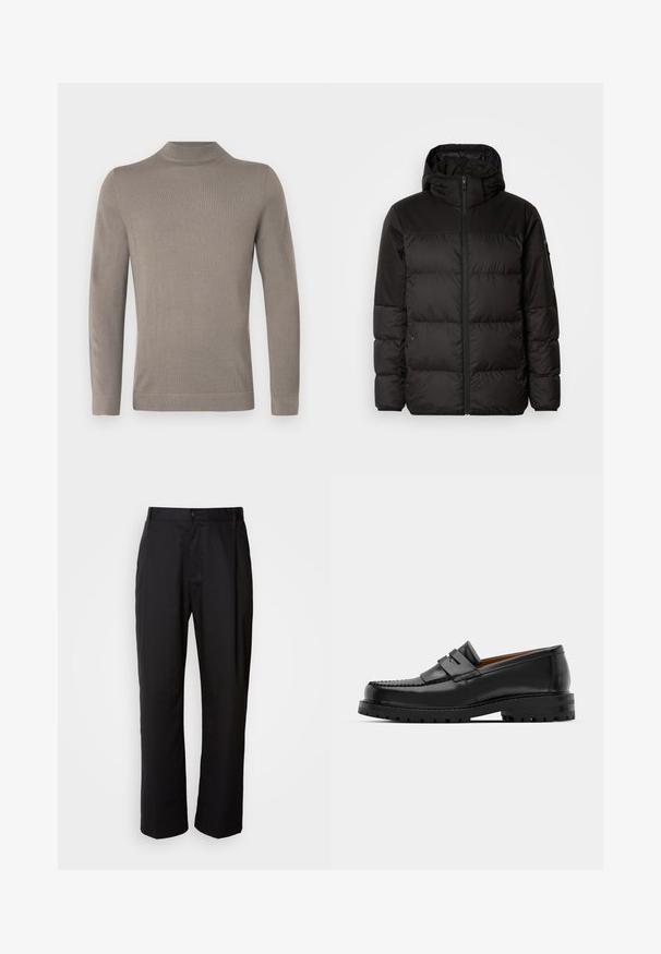 Black puffer jacket features a zip closure, a hood, quilted sections, and elastic cuffs, made from a smooth, water-resistant material.; Light brown, long-sleeve turtleneck sweater. Soft knit texture, fitted design, ribbed cuff and hem. Simple, seamless construction.; Black trousers with a straight cut, made of lightweight fabric. Features a front button closure and two side pockets; smooth texture.; Black leather loafers feature a raised seam, two decorative straps on the upper, and a thick textured sole for added grip.