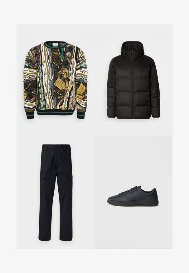 La doudoune noire est dotée d'une fermeture éclair, d'une capuche, de sections matelassées et de poignets élastiques, fabriquée à partir d'un matériau lisse et résistant à l'eau.; Pull en tricot présentant des motifs abstraits vibrants en noir, blanc, jaune et vert. Encolure ronde et bords-côtes viennent compléter le design.; Pantalons cargo noirs en tissu résistant, avec une coupe droite, deux poches latérales et une fermeture à bouton à la taille.; Baskets noires en cuir lisse avec un design bas, bout rond et semelle en caoutchouc plate. Elles sont dotées de lacets et d'un branding subtil.