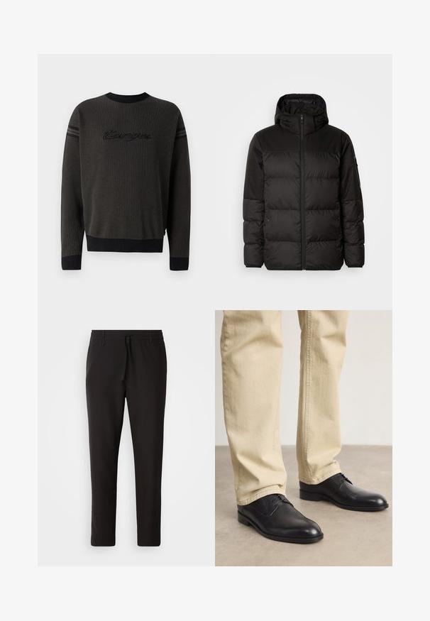 Black puffer jacket features a zip closure, a hood, quilted sections, and elastic cuffs, made from a smooth, water-resistant material.; Black knitted sweater with ribbed crew neckline, textured fabric, and embroidered "targa" logo on the chest. Features striped accents on sleeves.; Black jogger pants made of smooth fabric. Feature an elastic waistband with a drawstring, tapered legs, and no visible pockets. Simple design.; Black leather lace-up shoes with a rounded toe, smooth finish, and subtle stitching details, worn with light beige pants.