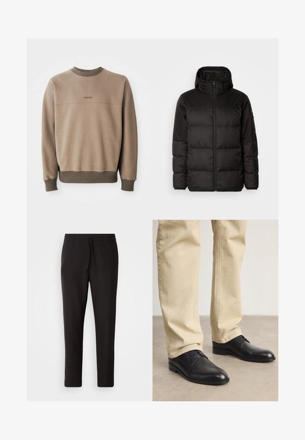 Black puffer jacket features a zip closure, a hood, quilted sections, and elastic cuffs, made from a smooth, water-resistant material.; Beige crewneck sweatshirt with ribbed collar, cuffs, and hem, featuring subtle "BOSS" logo embroidered on the chest.; Black short-sleeve T-shirt made from a smooth cotton blend, featuring a crew neckline and a minimalistic design with no patterns or accents.; Black jogger pants made of smooth fabric. Feature an elastic waistband with a drawstring, tapered legs, and no visible pockets. Simple design.; Black leather lace-up shoes with a rounded toe, smooth finish, and subtle stitching details, worn with light beige pants.