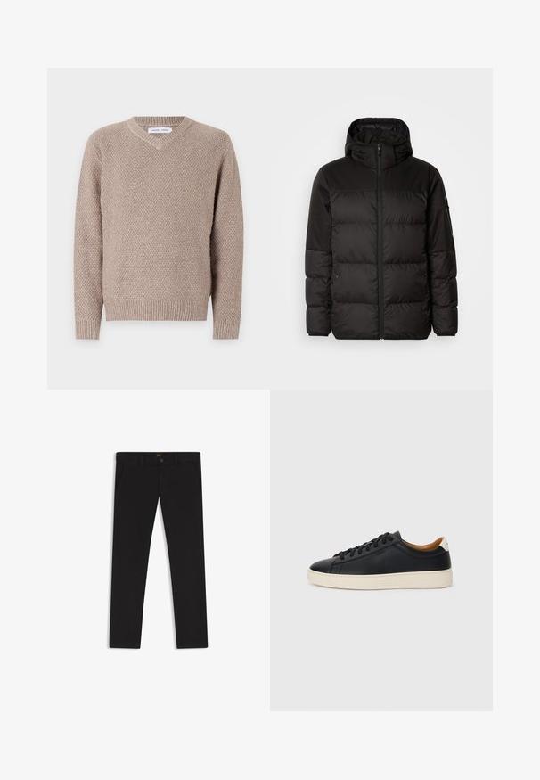 Schwarze Pufferjacke mit Reißverschluss, Kapuze, gesteppten Abschnitten und elastischen Bündchen, hergestellt aus einem glatten, wasserabweisenden Material.; Beiger Strickpullover mit V-Ausschnitt, der ein strukturiertes Muster sowie gerippte Bündchen und Saum aufweist. Hergestellt aus einem weichen, warmen Material.; Schwarze Hosen aus einem Stoff mit glatter текстуре. Verfügt über einen Knopfverschluss, Gürtelschlaufen und Seitentaschen. Klassisches Design mit geradem Bein.; Schwarze Ledersneaker mit glatter Textur, beiger Gummisohle, Schnürdesign und einem kontrastierenden Fersenakzent.