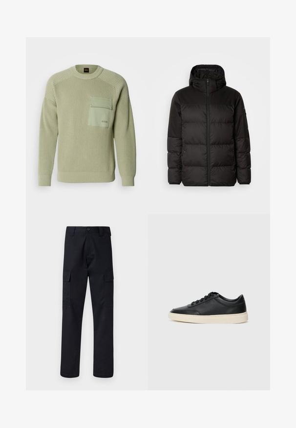 Černá péřová bunda má zipový uzávěr, kapuci, prošívané části a elastické manžety, vyrobená z hladkého, voděodolného materiálu.; Svetle zelený pletený svetr s ribovanou texturou, kulatým výstřihem a přední kapsou. Obsahuje branding na kapse a přiléhavé manžety.; Černé cargo kalhoty vyrobené z odolné tkaniny, s rovnými nohavicemi, dvěma bočními kapsami a zapínáním na knoflík v pase.; Černé kožené nízké tenisky s černými tkaničkami a slonovinovou podešví, zobrazené v bočním profilu na bílém pozadí.
