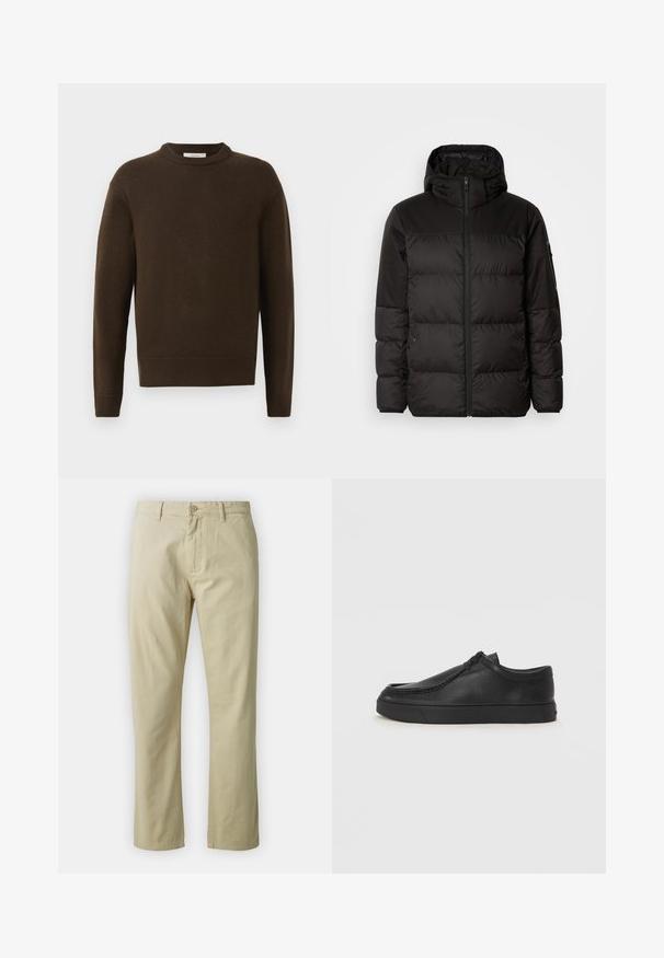 Melna pūkainā jakā iezīmes ir rāvējslēdzēja aizdare, kapuce, kvadrātveida šuves un elastīgas aproces, izgatavota no gludas, ūdensizturīgas vielas.; Brūns adīts džemperis ar apaļu kakla izgriezumu, garām piedurknēm un ribinātiem kuģiem. Mīksta tekstūra, gluda apdare un brīvs piegriezums.; Beidzīgo kokvilnas bikses ar taisnu kāju piegriezumu, priekšējo pogu aizdari un jostas cilpām. Gluda tekstūra, nav redzamu rakstu vai akcentu.; Melnas ādas slip-on kurpes ar noapaļotu purngalu, šūšanas detaļām un melnu gumijas zoli. Gluda tekstūra ar minimālistisku dizainu.