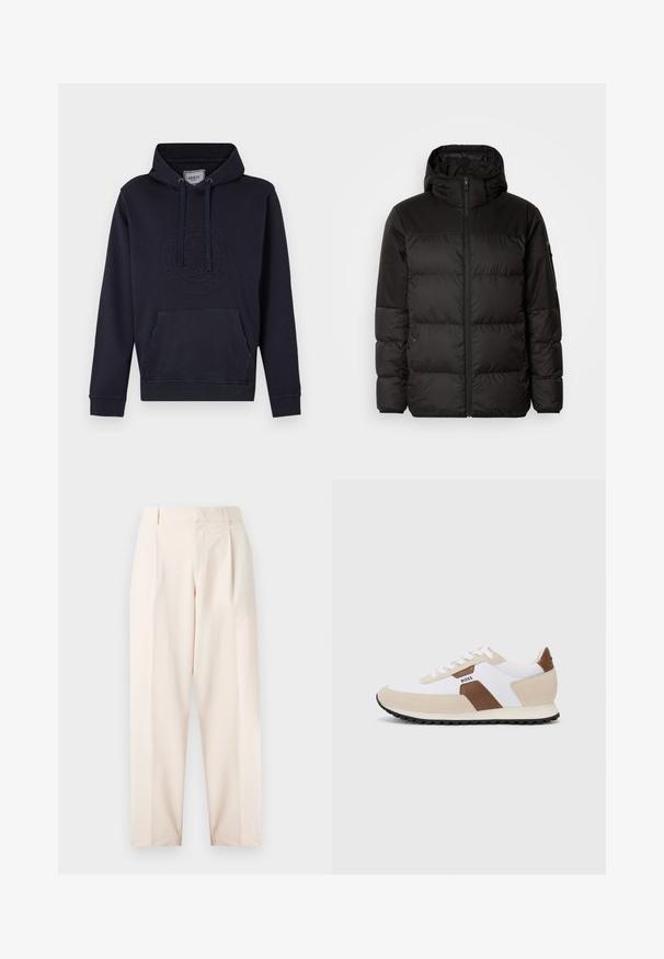 Il giubbotto puffo nero presenta una chiusura con zip, un cappuccio, sezioni trapuntate e polsini elastici, realizzato in un materiale liscio e resistente all'acqua.; Felpa con cappuccio blu navy caratterizzata da una tasca a marsupio frontale, cappuccio con cordino e logo in rilievo sul petto. Realizzata in morbido materiale misto cotone.; Pantaloni beige su misura con vita alta, pieghe e design a gamba dritta. Realizzati in tessuto morbido con tasche laterali e una finitura pulita.; Sneakers con una combinazione di rete bianca e suede beige, accentuati da dettagli in pelle marrone. Punta rotonda, suola in gomma piatta e design con lacci.