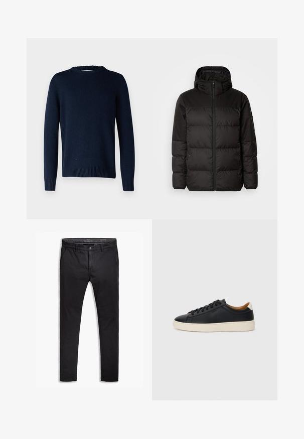 Črna zimska jakna ima zadrgo, kapuco, prešite odseke in elastične manšete, izdelana je iz gladkega, vodoodpornega materiala.; Selected Homme SLHCODY LS CREW NECK NOOS - Pulover - sky captain; Črne bombažne chinos hlače s ozkim krojem, ki imajo pet žepov, pasne zanke in gladko teksturo. Zadrga in gumb za zapiranje.; Črne usnjene superge z gladko teksturo, bež gumijastim podplatom, zavezovalnim dizajnom in kontrastnim nagibom na peti.