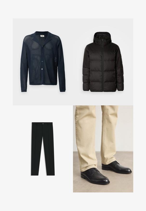 Svart puffjacka med blixtlås, huva, quiltade sektioner och elastiska mudd, tillverkad av ett slätt, vattentåligt material.; Marinblå, stickad cardigan i mesh med krage, knäppning fram och långa ärmar, med en lätt och andningsbar textur.; Svarta dressbyxor med rak bendesign, gjorda av ett mjukt tyg. Har stängning med frontknapp och bälteshällor. Enfärgade utan mönster.; Svarta läderskor med snörning, rund tå, slät yta och subtila sömdetaljer, bärs med ljusbeige byxor.