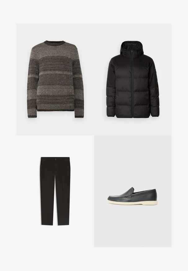 Schwarze Pufferjacke mit Reißverschluss, Kapuze, gesteppten Abschnitten und elastischen Bündchen, hergestellt aus einem glatten, wasserabweisenden Material.; Pullover-Pullover mit Rundhalsausschnitt, strukturierter Strickware und horizontalen Streifen in Grautönen und Braun. Lange Ärmel, gerippte Bündchen und Saum.; Schwarze Hose mit geradem Bein, aus einem glatten Stoff. Mit Knopfverschluss und Fronttaschen. Keine sichtbaren Muster oder Akzente.; Schwarze Leder-Slipper mit strukturiertem Finish und einer kontrastierenden beige Gummisohle. Mit einem dezenten Akzent an der Vorderseite.