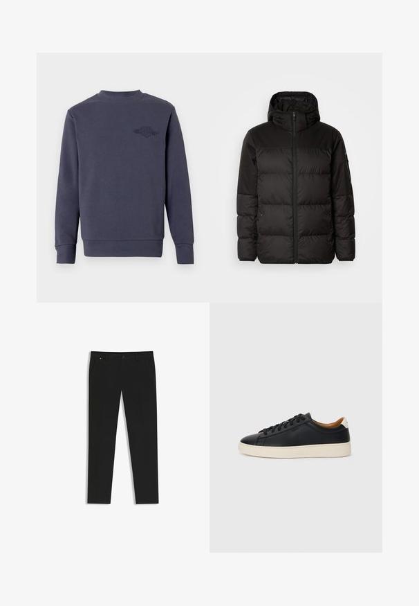 Black puffer jacket features a zip closure, a hood, quilted sections, and elastic cuffs, made from a smooth, water-resistant material.; Sweatshirt in dark navy blue, made of soft fabric, featuring a crew neckline and ribbed cuffs. Embroidered logo on the left chest.; Black trousers made of smooth fabric, featuring a straight leg design, side pockets, a front button closure, and subtle branding detail.; Black leather sneakers with a smooth texture, beige rubber sole, lace-up design, and a contrasting heel accent.