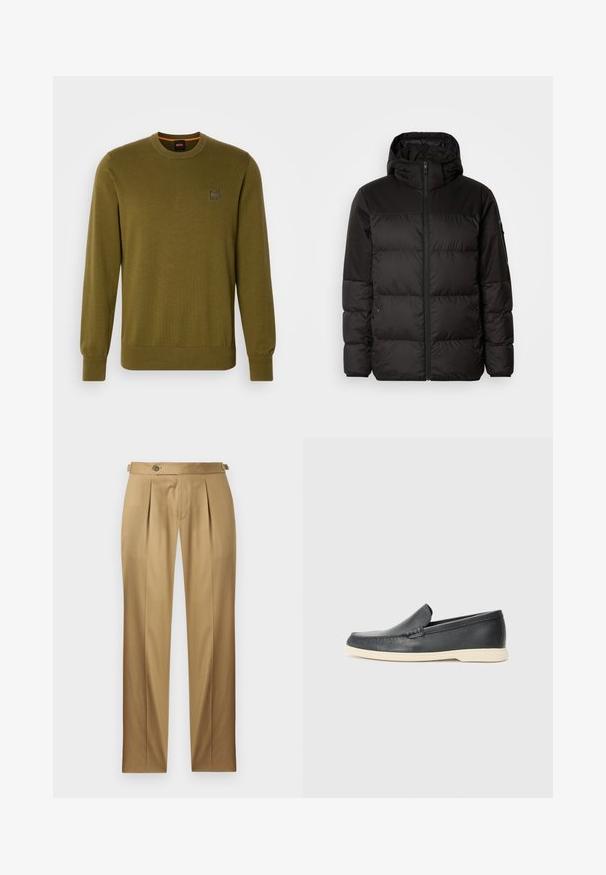 Melna pūkainā jakā iezīmes ir rāvējslēdzēja aizdare, kapuce, kvadrātveida šuves un elastīgas aproces, izgatavota no gludas, ūdensizturīgas vielas.; Olive zaļš adīts džemperis ar apaļu kakla izgriezumu un garām piedurknēm. Tam ir neliela logo uzlīme uz krūtīm un ribota apakšmalas un piedurkņu mala.; Bēša krāsas bikses ar taisnu piegriezumu, ar krokām, pogas aizdari un jostas cilpām. Gluda auduma ar tīru, šūtu izskatu.; Melni ādas kurpes, kas valkājas uz slip-on principa, ar teksturētu apdari un kontrastējošu beigu gumijas zoli. Iespējama smalka apdare priekšpusē.